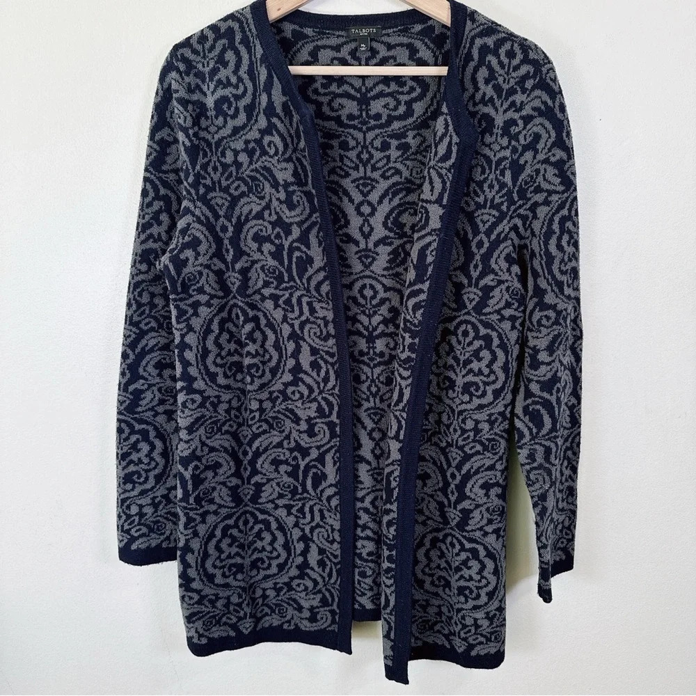Talbots Open Front Cashmere Blend Navy Jacquard Cardigan - Picture 5 of 16